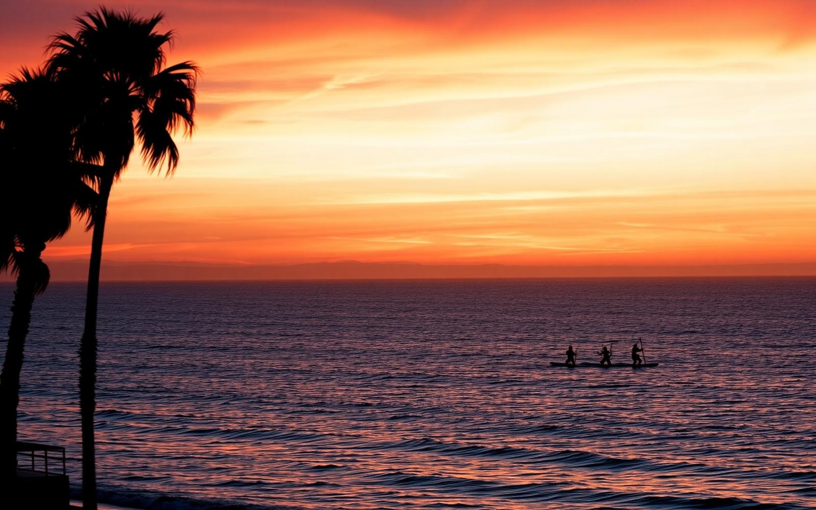 Sunset paddleboarding in San Diego